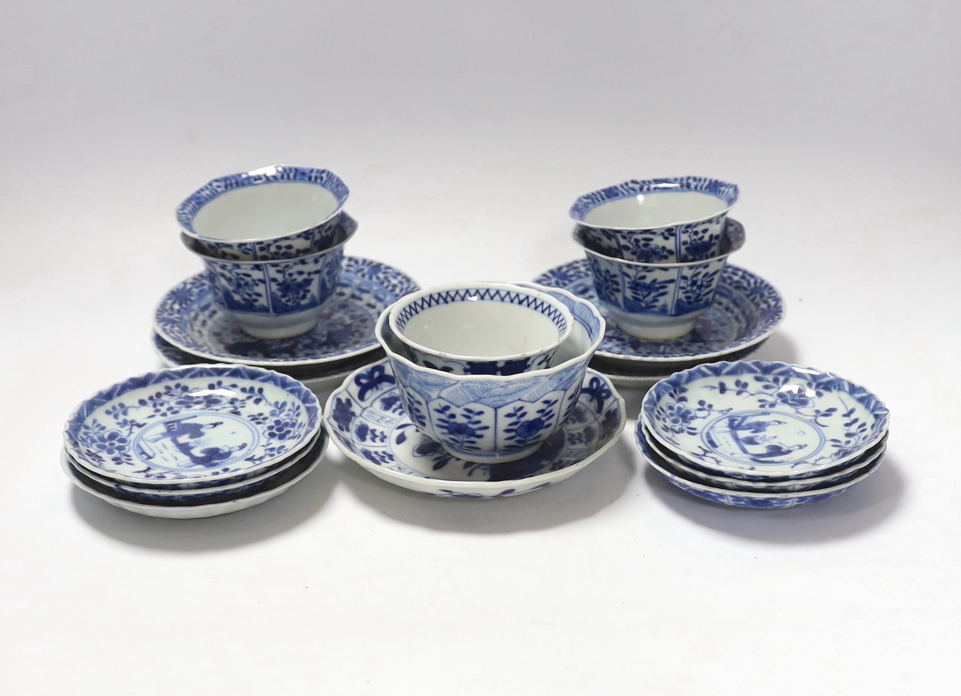 Two pairs of 19th century Chinese blue and white teabowls and saucers, a set of six other blue and white saucers, another and a teabowl, all 19th century (17)